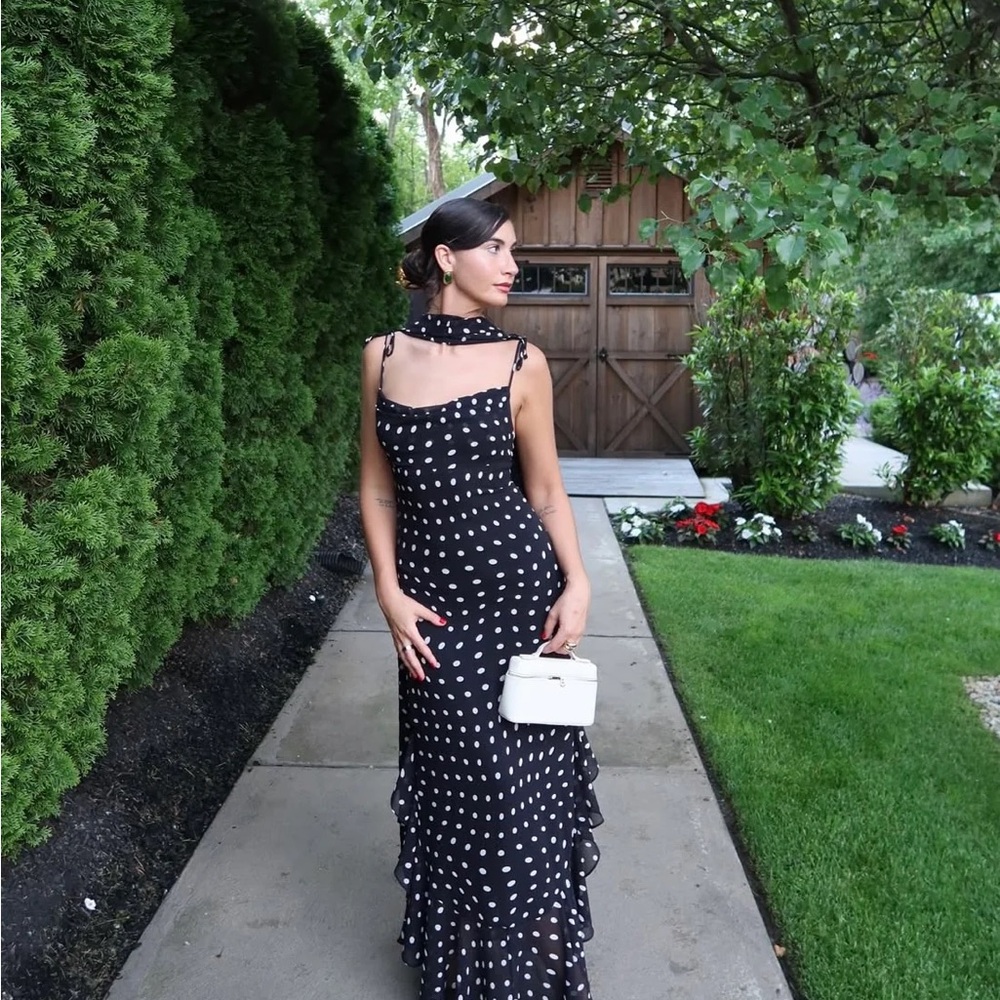 LPA Black and White Polka Dot Spaghetti Strap Gown with Matching Scarf - size XS